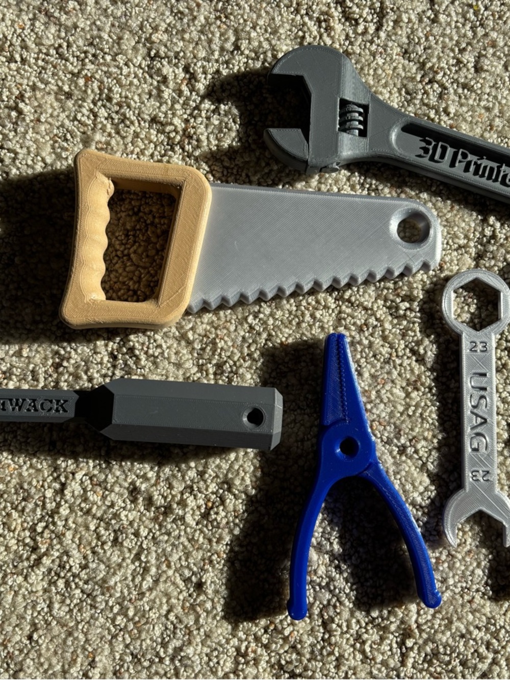 6 piece 3D printed Toy Tool Set – Blue, Silver, Gray, Tan - Picture 2 of 2